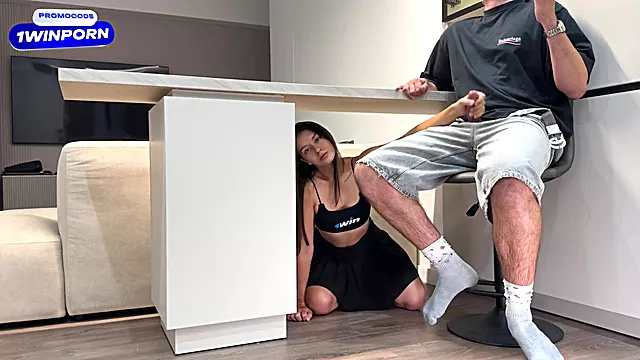 I Hid Under The Table And Wanted To Scare Stepbrother But He Start Jerk Off! I Help Him Cum. Its Ok?