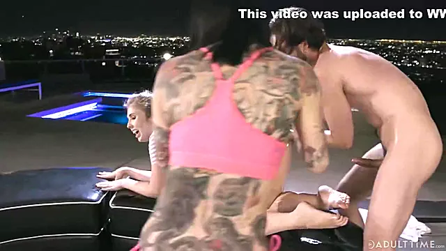 Lena Paul and Joanna Angel are having a gonzo threesome in the penthouse with a swimming pool