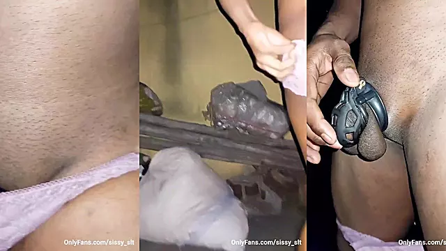 Filthy asian ladyboy pissed while chastity cage keeps tiny dick desperate