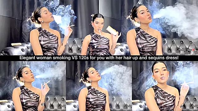 Elegant woman smoking VS 120s for you with her hair up and sequins dress!