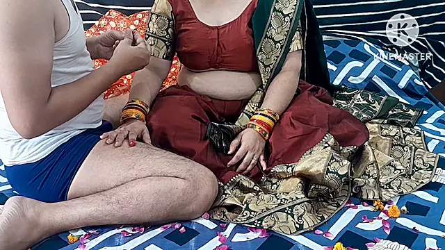Newlywed couple enjoys their first night together in Hindi