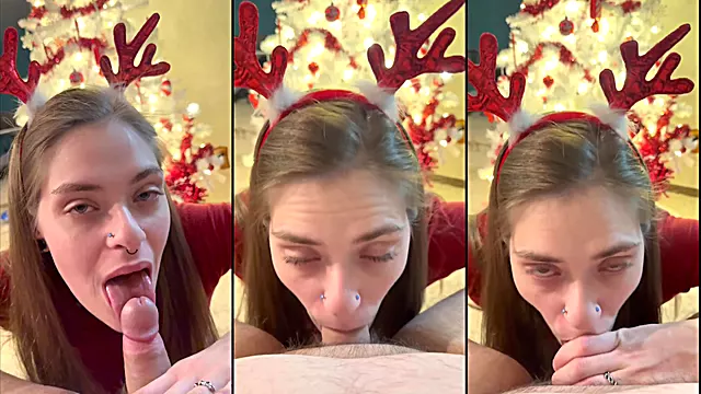 Autumn kush sucking my fat cock in front of the tree and swallowing some homemade eggnog