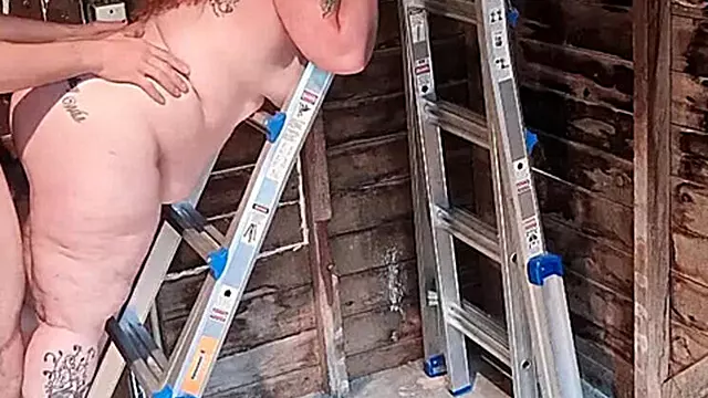 Engineer Fucks MILF Doggy Style on Ladder - Massive Creampie & Loud Moaning