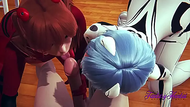 Shinji's Room Heat Evangelion 3D Hentai Threesome with Asuka & Rei Sucking Dick for Cumshots & Pussy Fucks