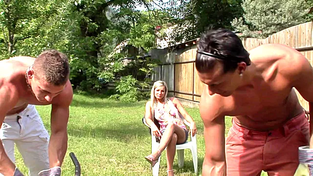 Stunning blonde invites bisexual studs to take a break from work