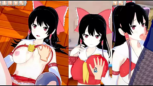 Reimu Hakurei Rubs Her Big Tits & Gives Blowjob in 3D Eroge Koikatsu! Touhou Animations