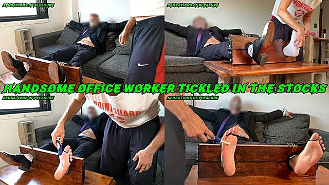 Handsome Office Worker Tickled In The Stocks