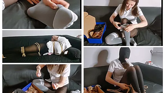 While I was working my computer suddenly started playing BDSM videos This made me lose control of my desires Since no one was in the office during my lunch break I began to do my own thing ballgag bondage vibrator stockings hood foot fetish gag orgasm