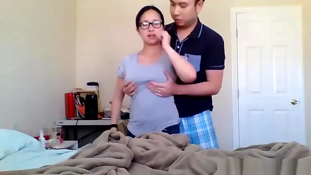 Nerdy amateur teen with the older guy playing bondage