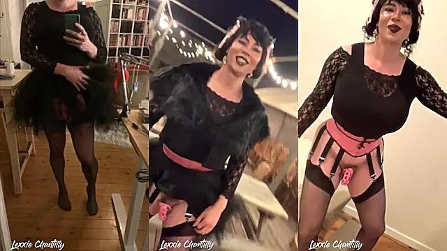 Lexxie Chantilly Halloween chastity cage flashing ladyboy stockings