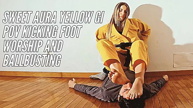 Sweet Aura yellow gi POV kciking foot worship and ballbusting
