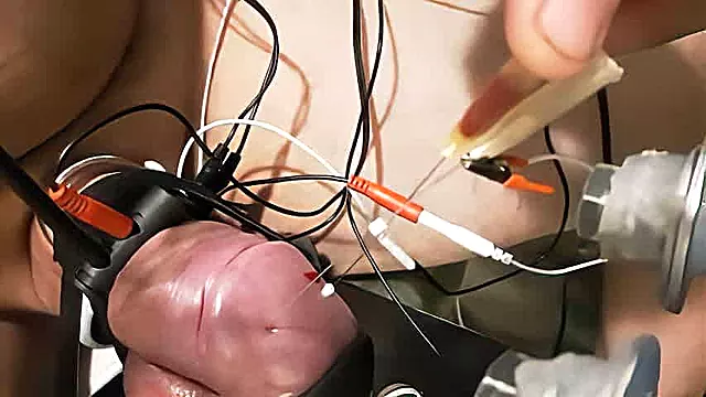 Dick head and ball skewer together with estim