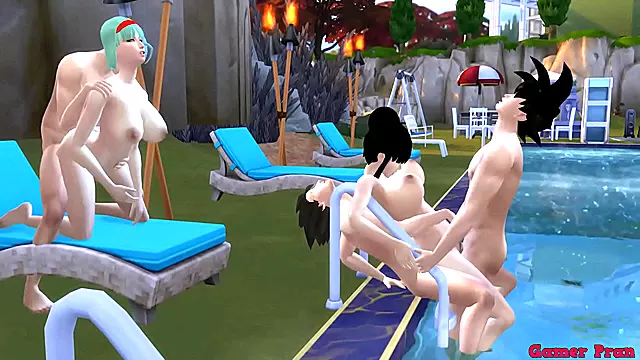Beautiful Wives Bulma & Chichi Share Stepsons for Hot Pool Orgy Anal Action