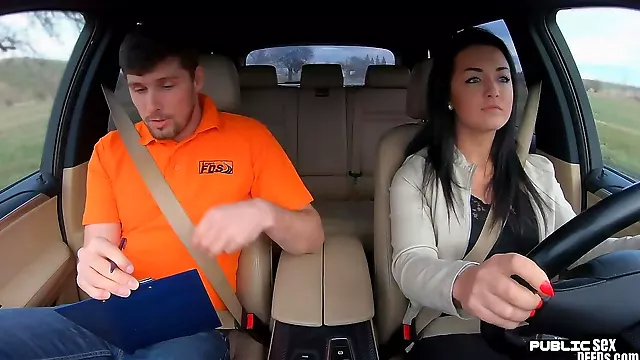 Car fucked driving student enjoys banging outdoor with tutor