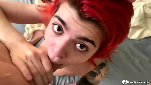 Tattooed Redhead Devours A Big Meat Pole