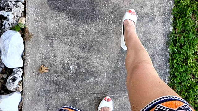 Fifi stroking and pumping the pedals of her SUV in slick white tall platform stiletto heels