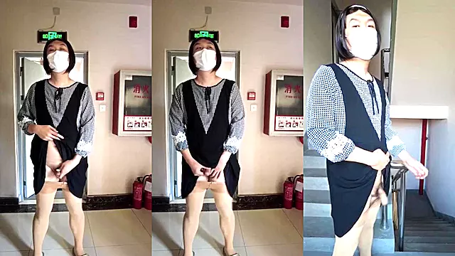 Ladyboy creampie in public stairwell