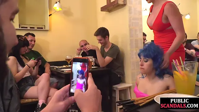 Coloredhair babe publicly humiliated and tormented by lezdom